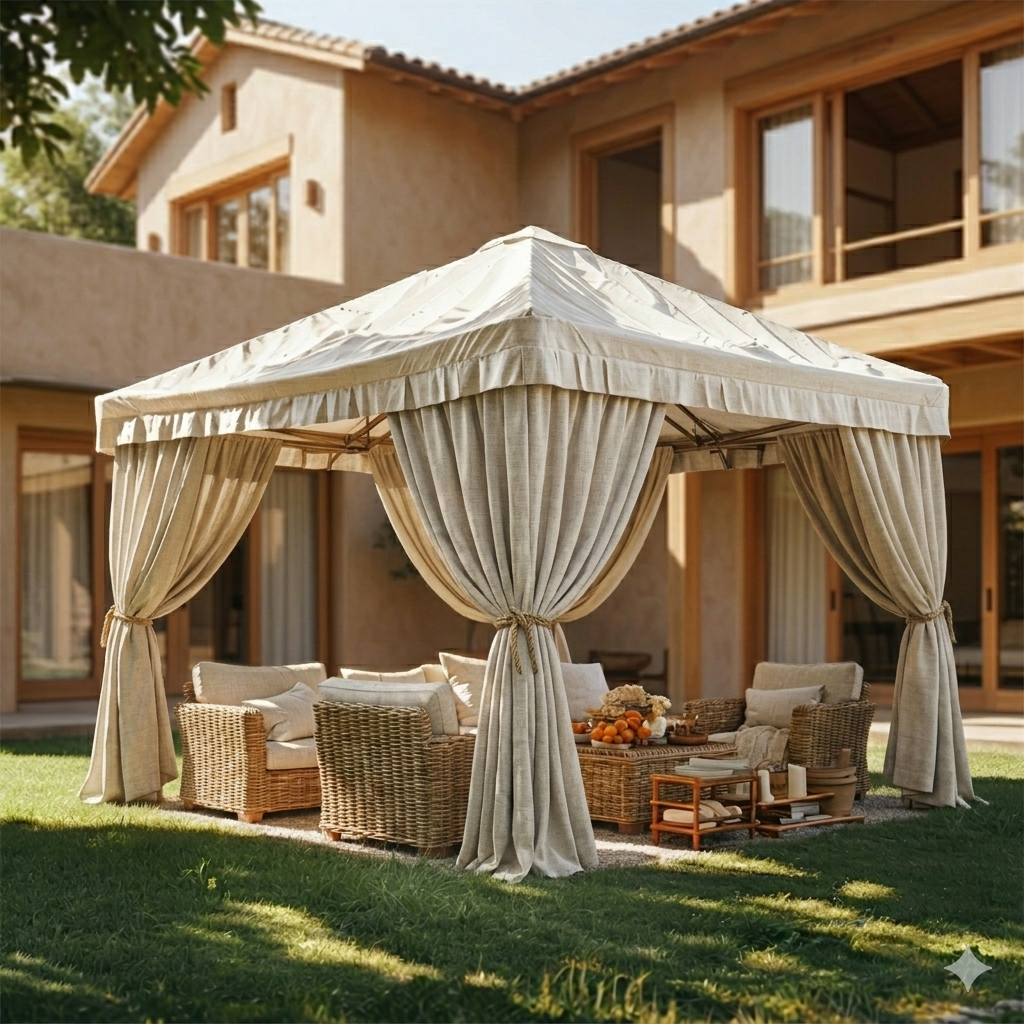 Outdoor sheer curtains, cream fabric with gathered valance and tied drape panels