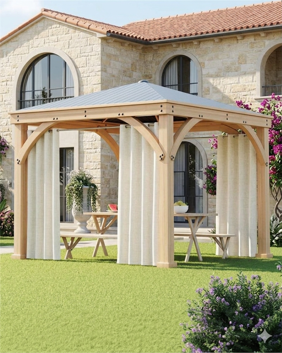 Cream sheer curtain panels hanging around wooden pergola openings, tied at the sides
