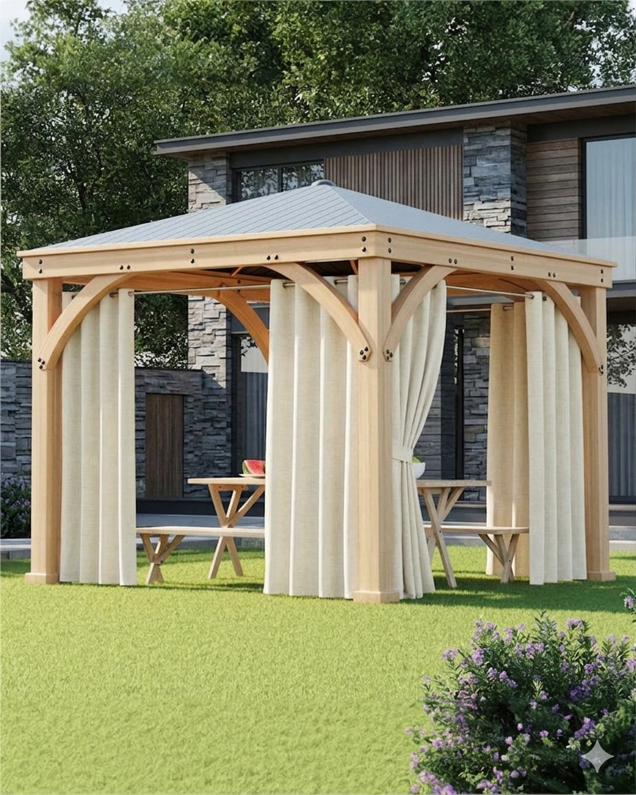 Cream sheer curtain panels draped along pergola posts, long vertical folds