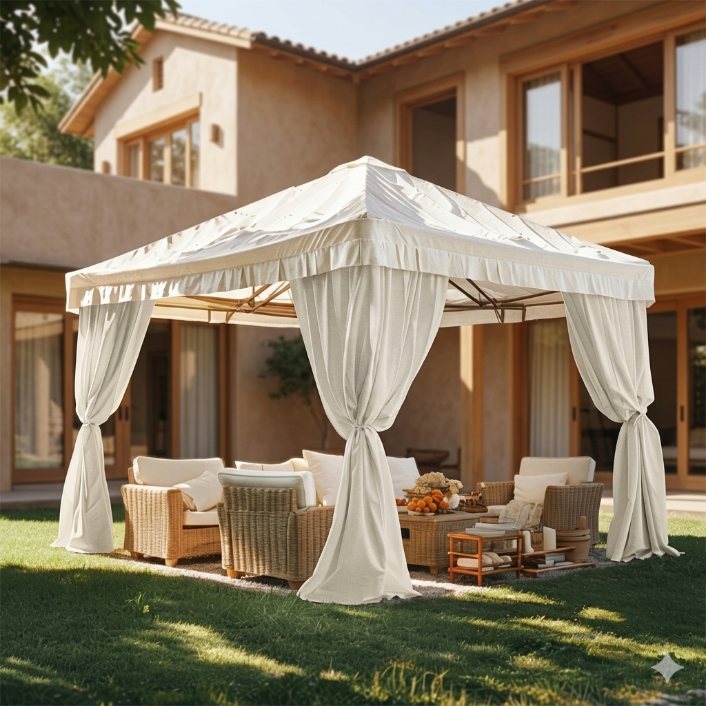 Cream outdoor sheer curtains with gathered top and long floor-length hanging panels