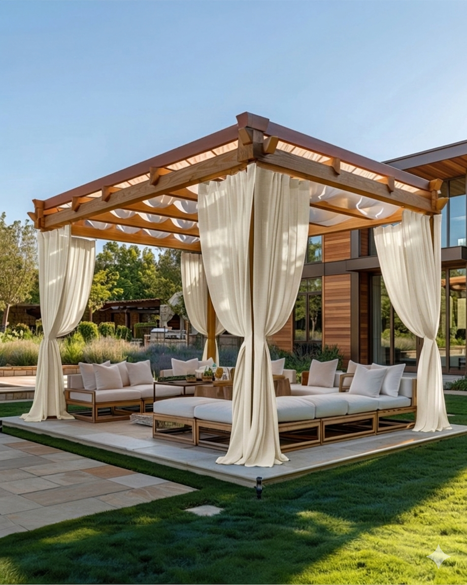 Cream sheer curtains with pleated drape and tied center panels beneath wooden beams
