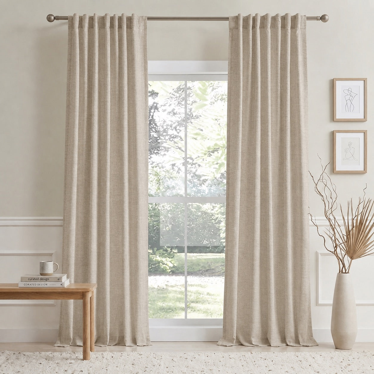 Beige cotton-linen curtain panels with vertical pleats on a window rod