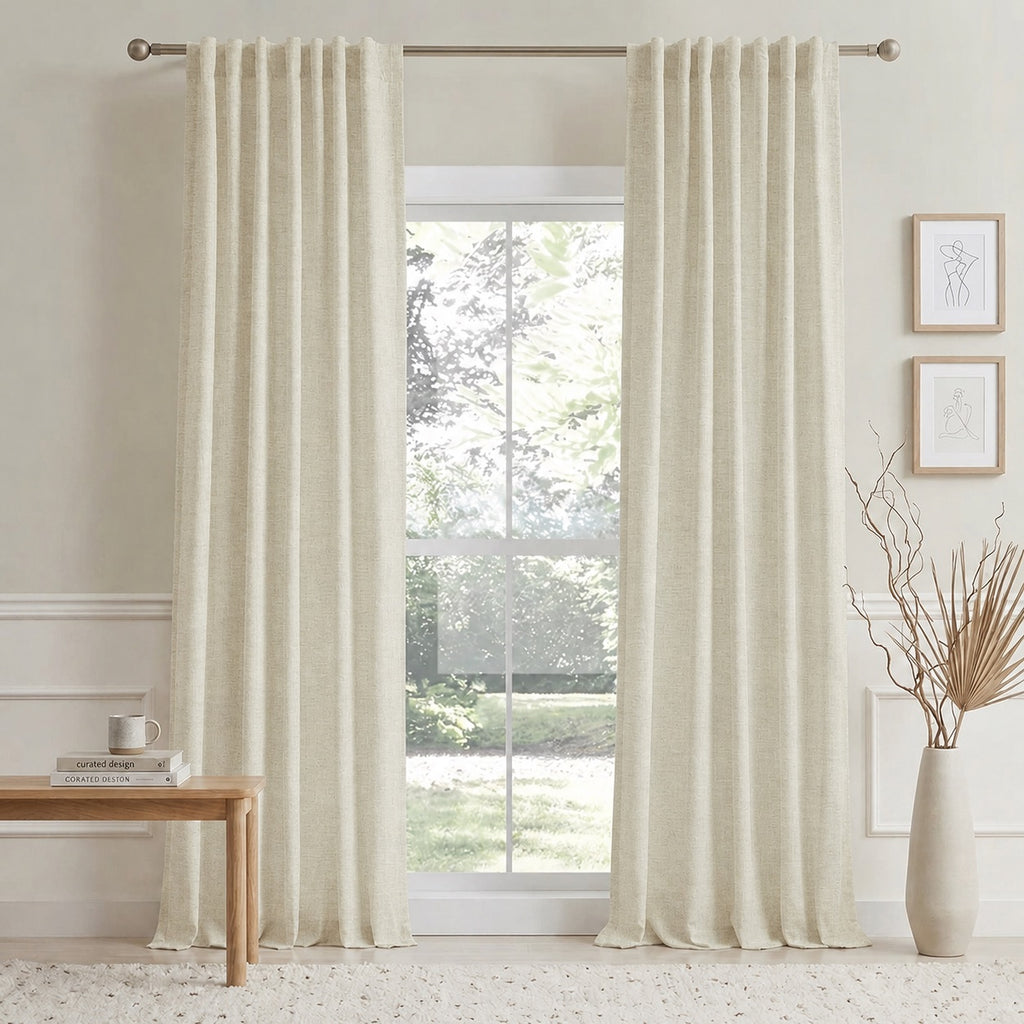 Beige cotton-linen curtain panels with vertical pleats hanging from a rod