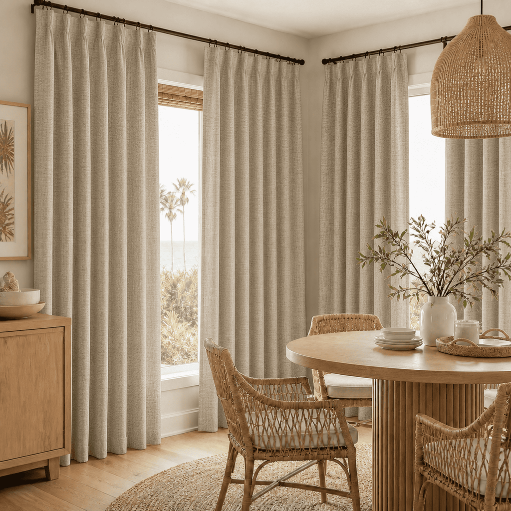 Light beige cotton-linen curtain panels with pleated top and ring-hung rod pocket
