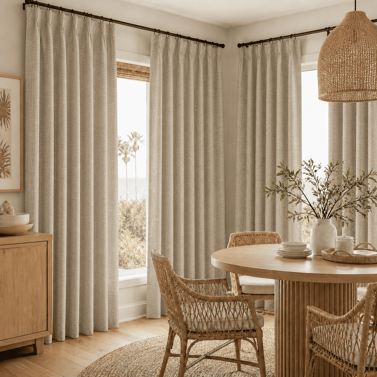 Light beige cotton-linen curtain panels with pleated top and ring-hung rod pocket