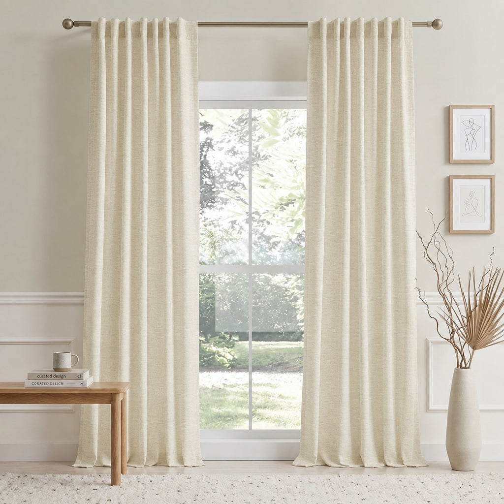 Light beige cotton-linen curtains with pleated top, floor-length panels