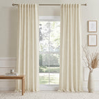 Light beige cotton-linen curtains with pleated top, floor-length panels