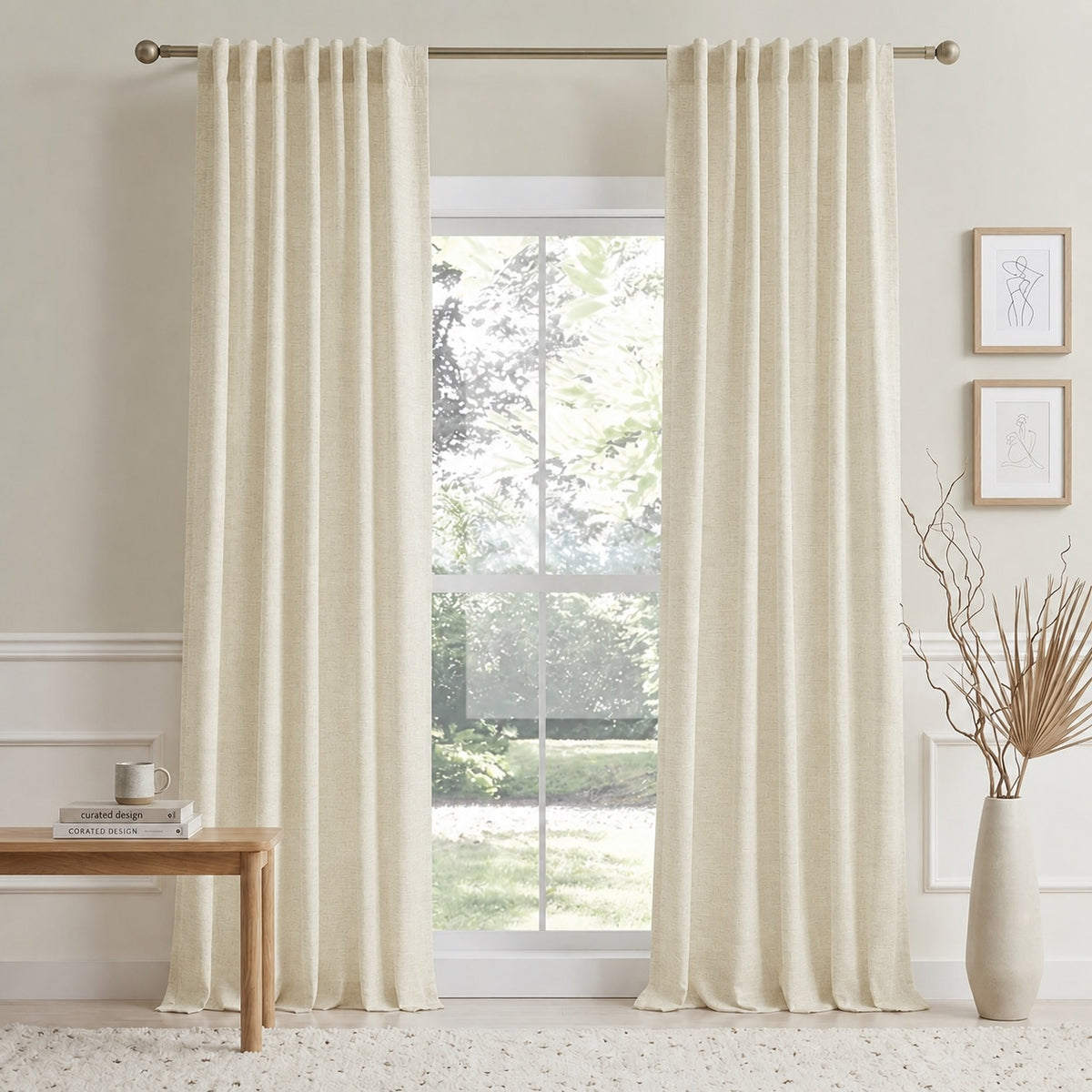 Light beige cotton-linen curtains with pleated top, floor-length panels