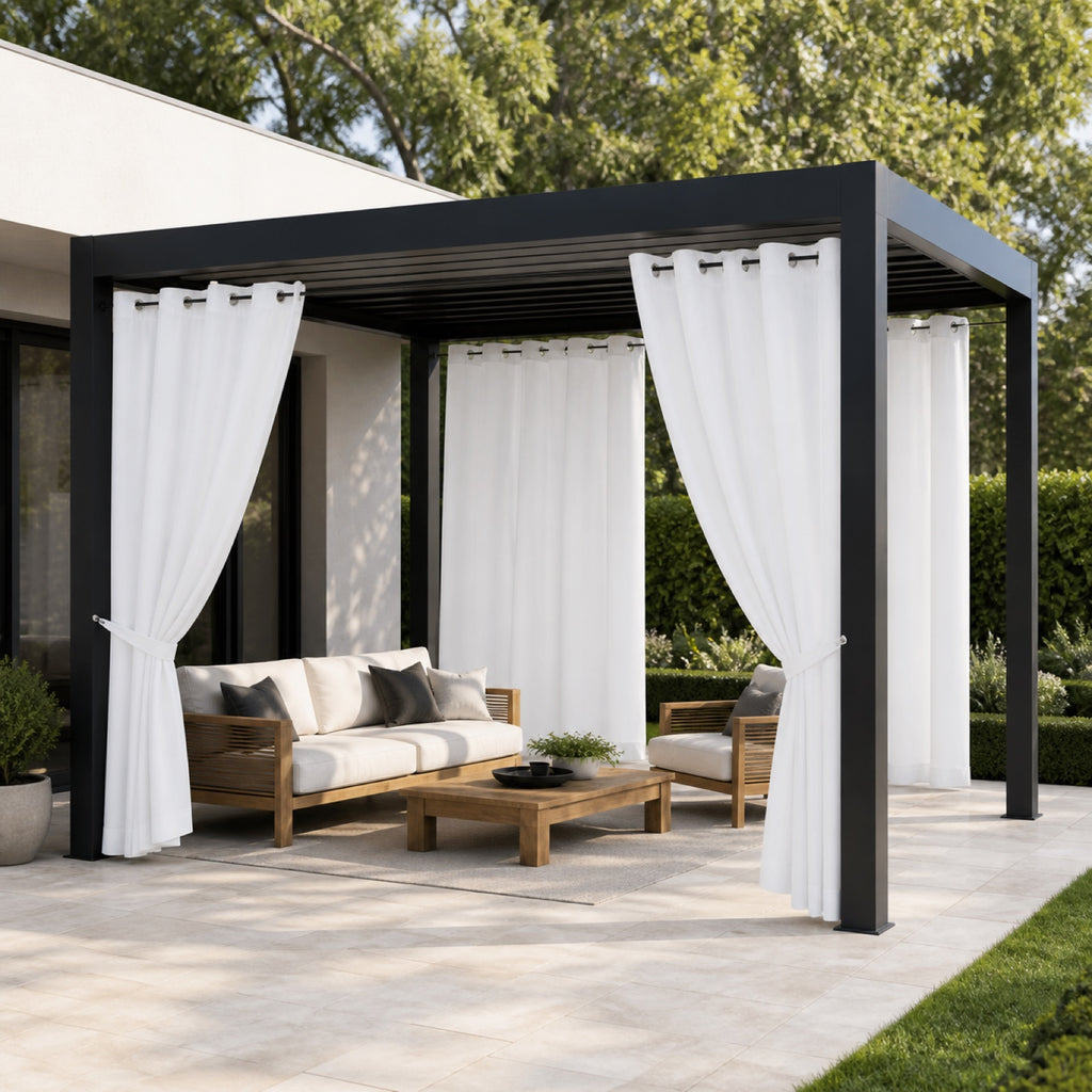 LoomLuna LL0007 white outdoor curtains on a modern black pergola