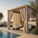 LoomLuna LL0007 warm beige outdoor curtains beside a Mediterranean pool