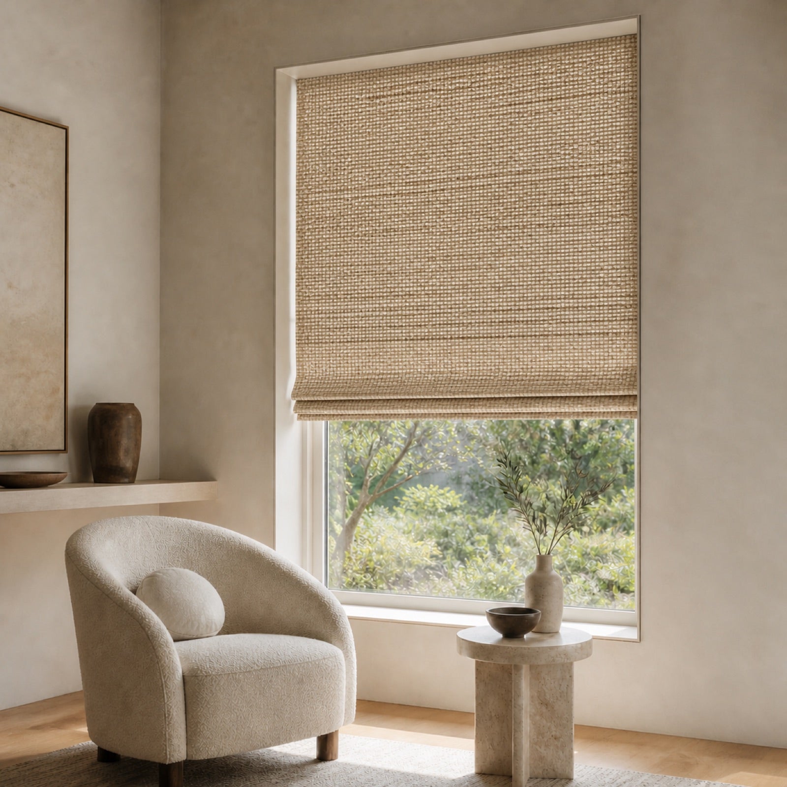 LL0008-1 Natural Basketweave woven shade installed in a modern reading corner