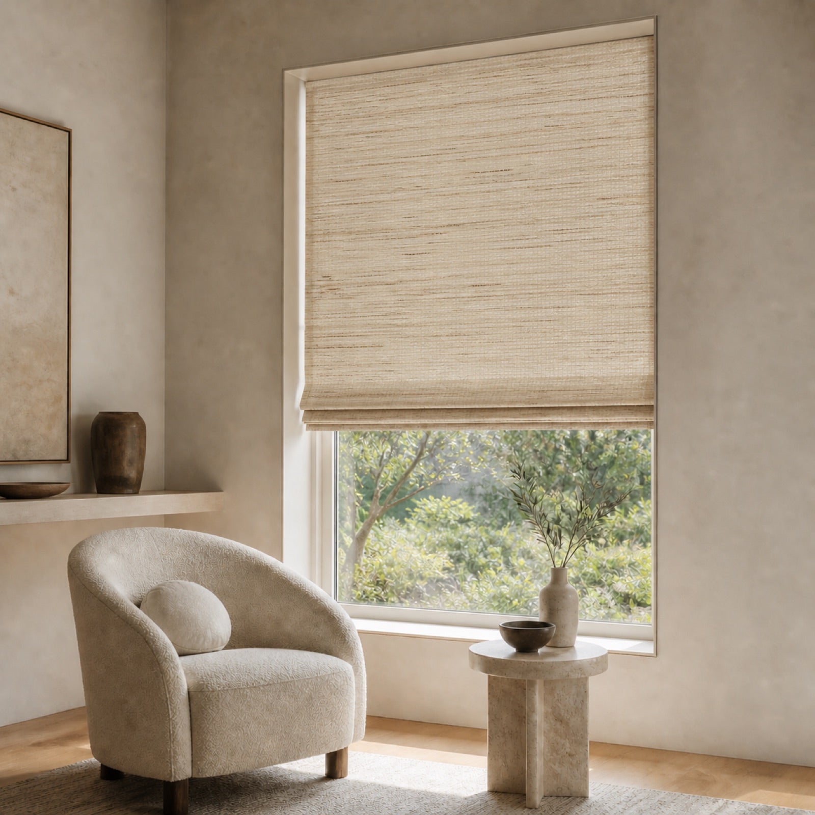 LL0008-2 Sand Grassweave woven shade installed in a modern reading corner