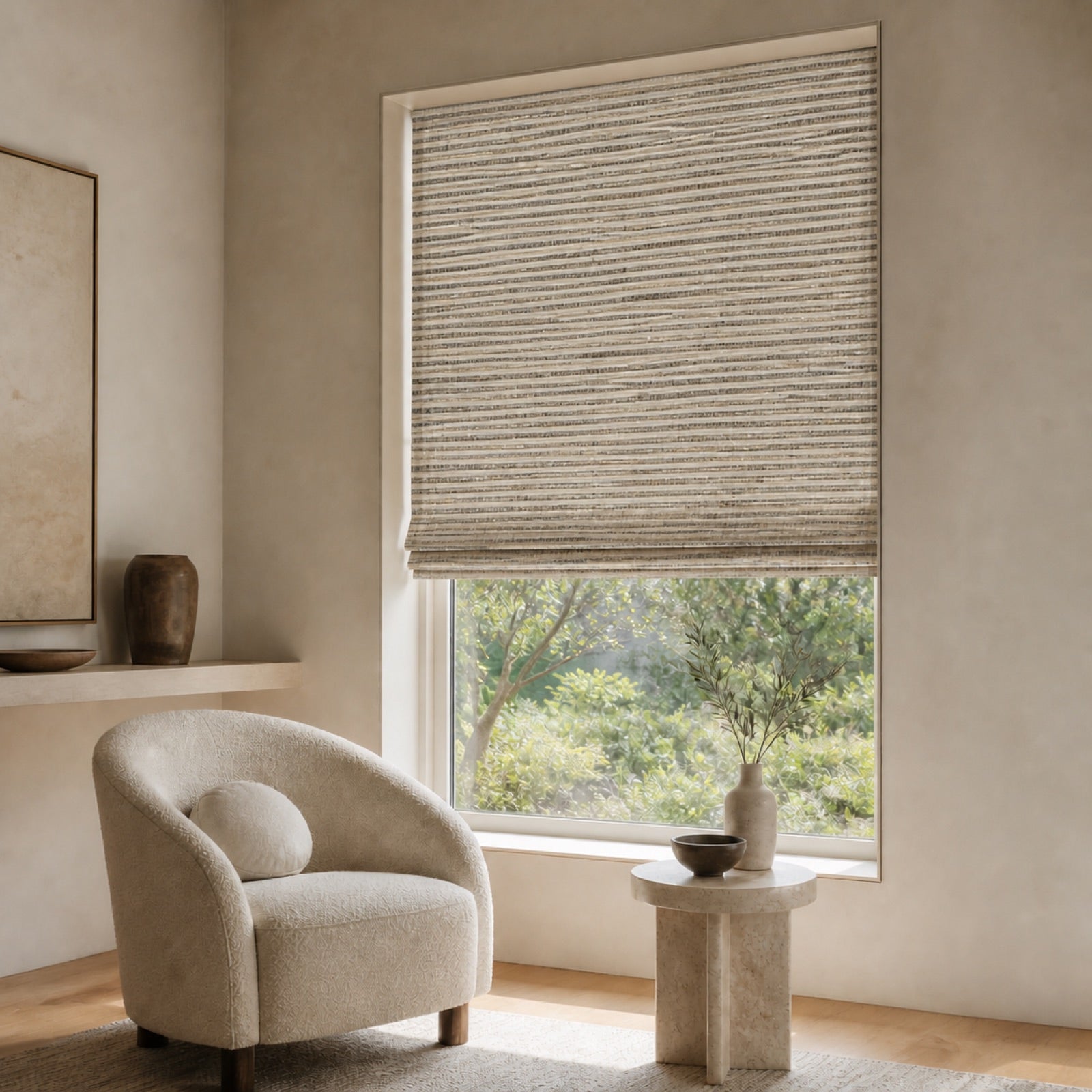 LL0008-3 Stone Stripe woven shade installed in a modern reading corner