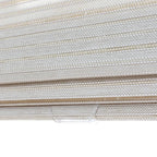 Bamboo woven shade with layered bands and an ivory-to-tan striped weave.