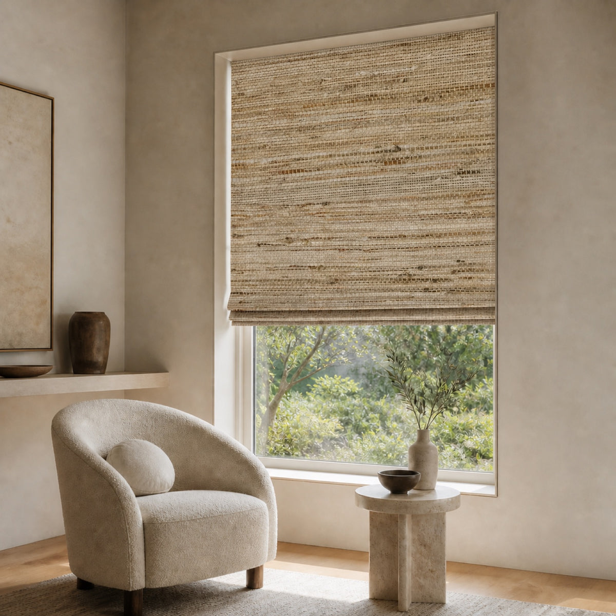 Beige woven bamboo roller shade with mixed horizontal and vertical thread pattern over a window.