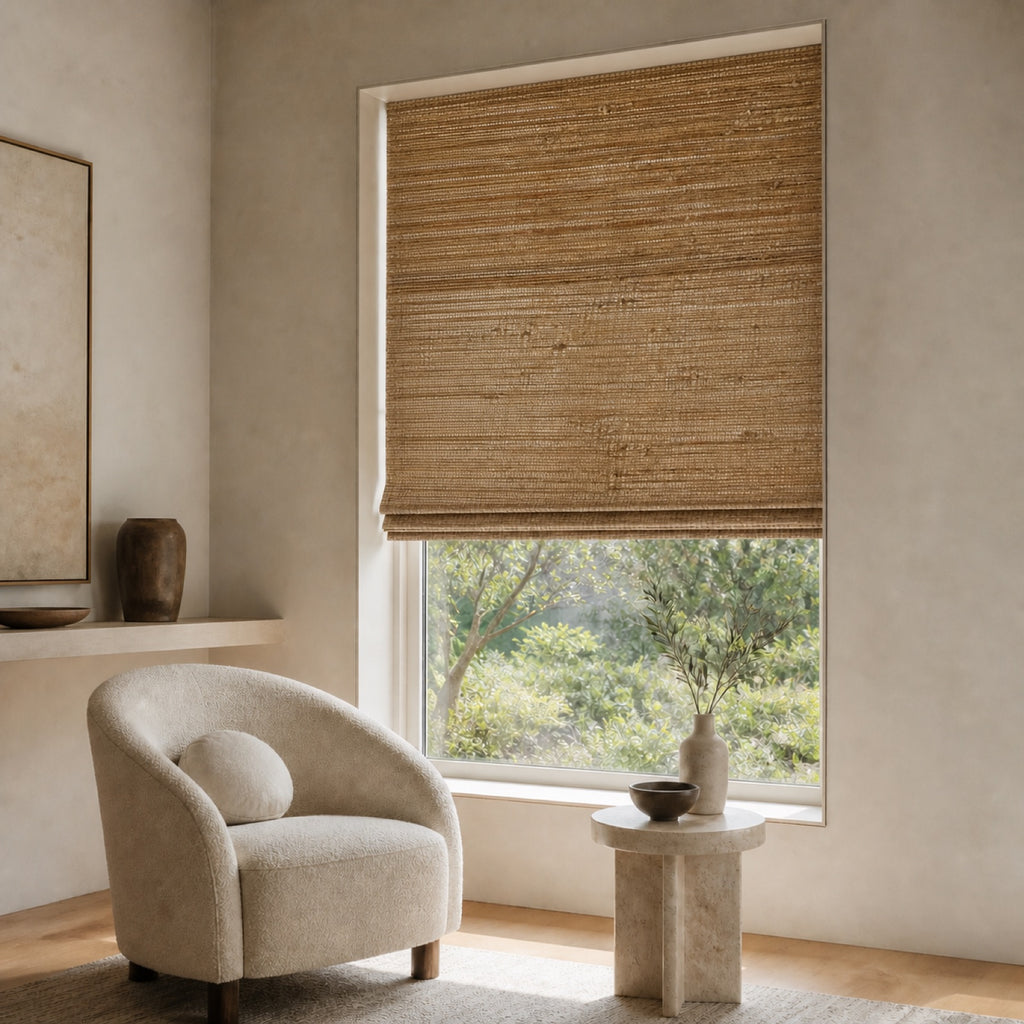 Warm tan woven bamboo roller shade with denser horizontal weave pattern over a window.