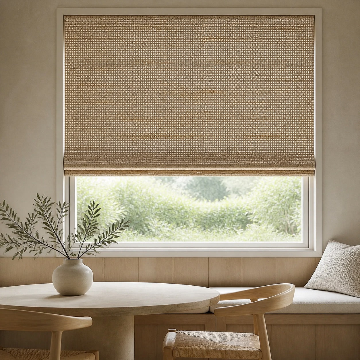 LoomLuna LL0008 natural woven shade in a warm modern breakfast nook