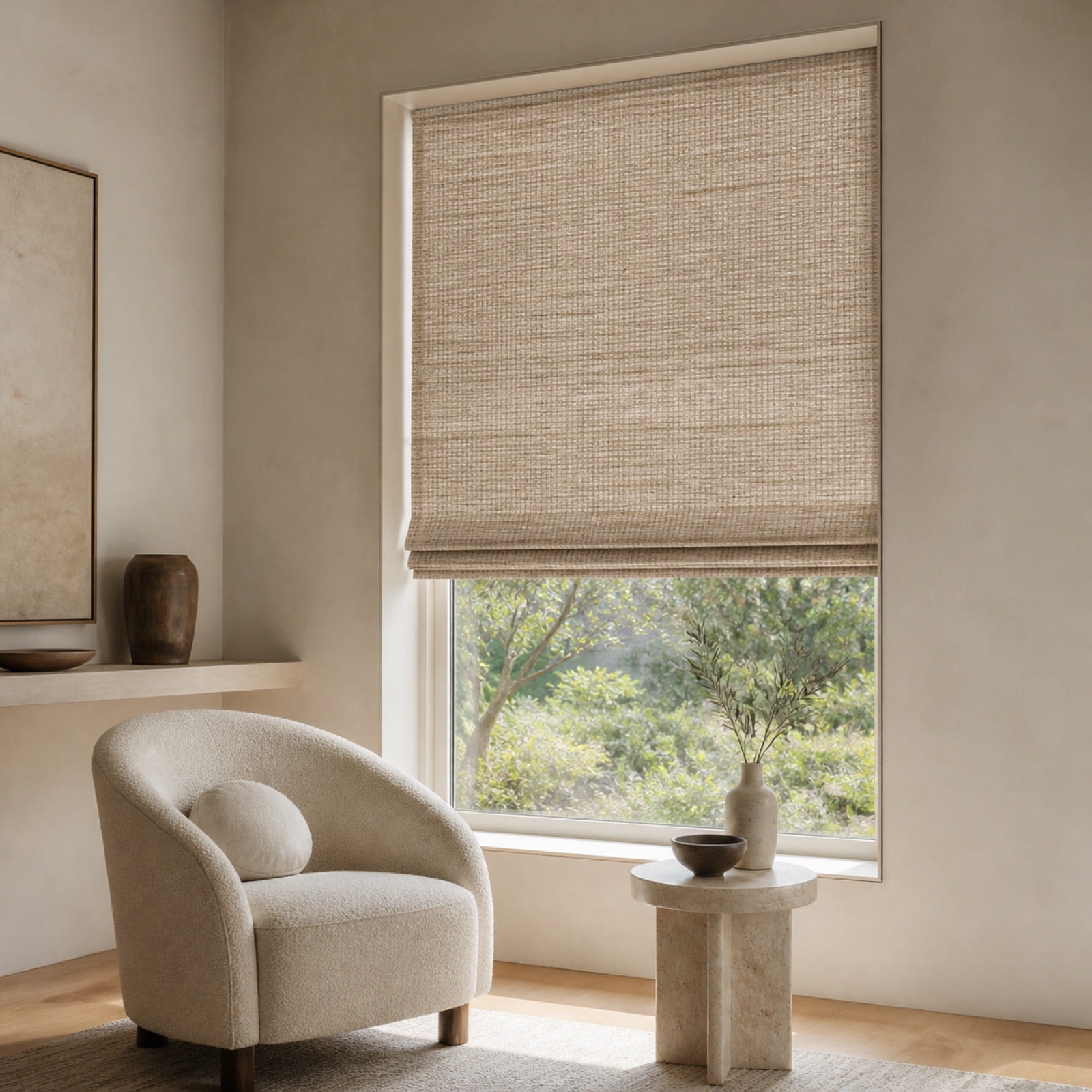LoomLuna LL0008 custom natural woven shade in an organic modern reading corner