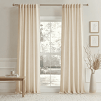 Pair of light beige linen curtains with vertical pleats and rod pocket