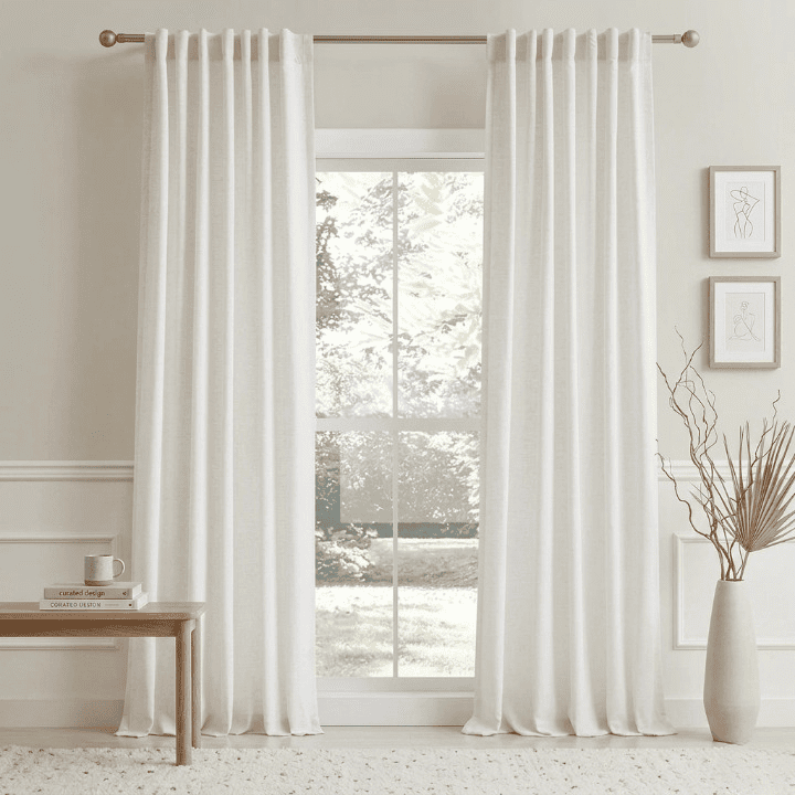 Pair of off-white bamboo-linen curtains on rod, floor-length panels
