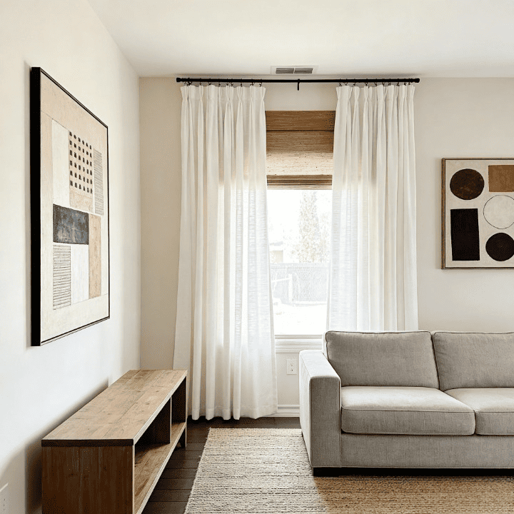 Off-white bamboo-linen curtains framing a window in living room