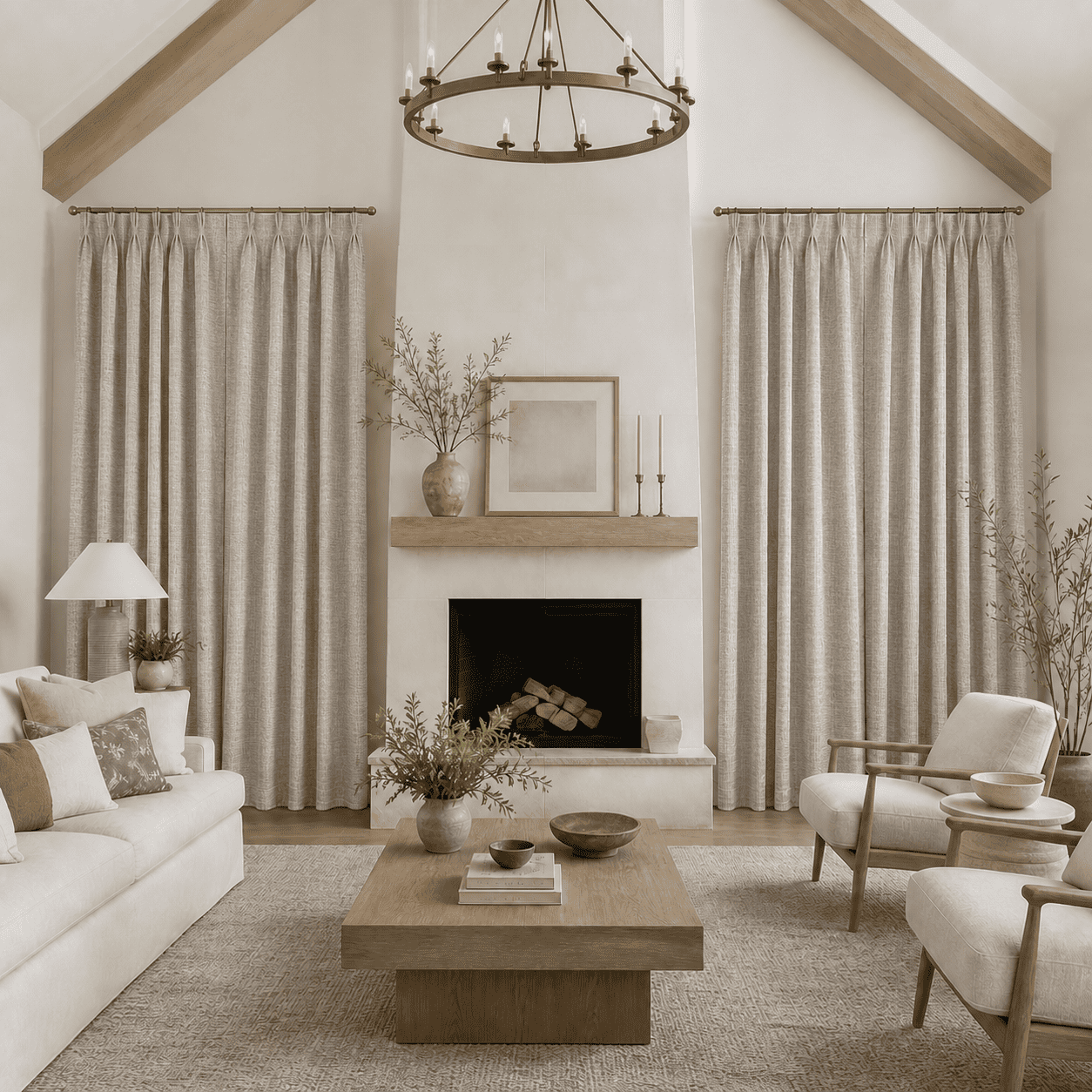 Light gray faux-linen blackout curtains, full-length with gathered header and rod pocket