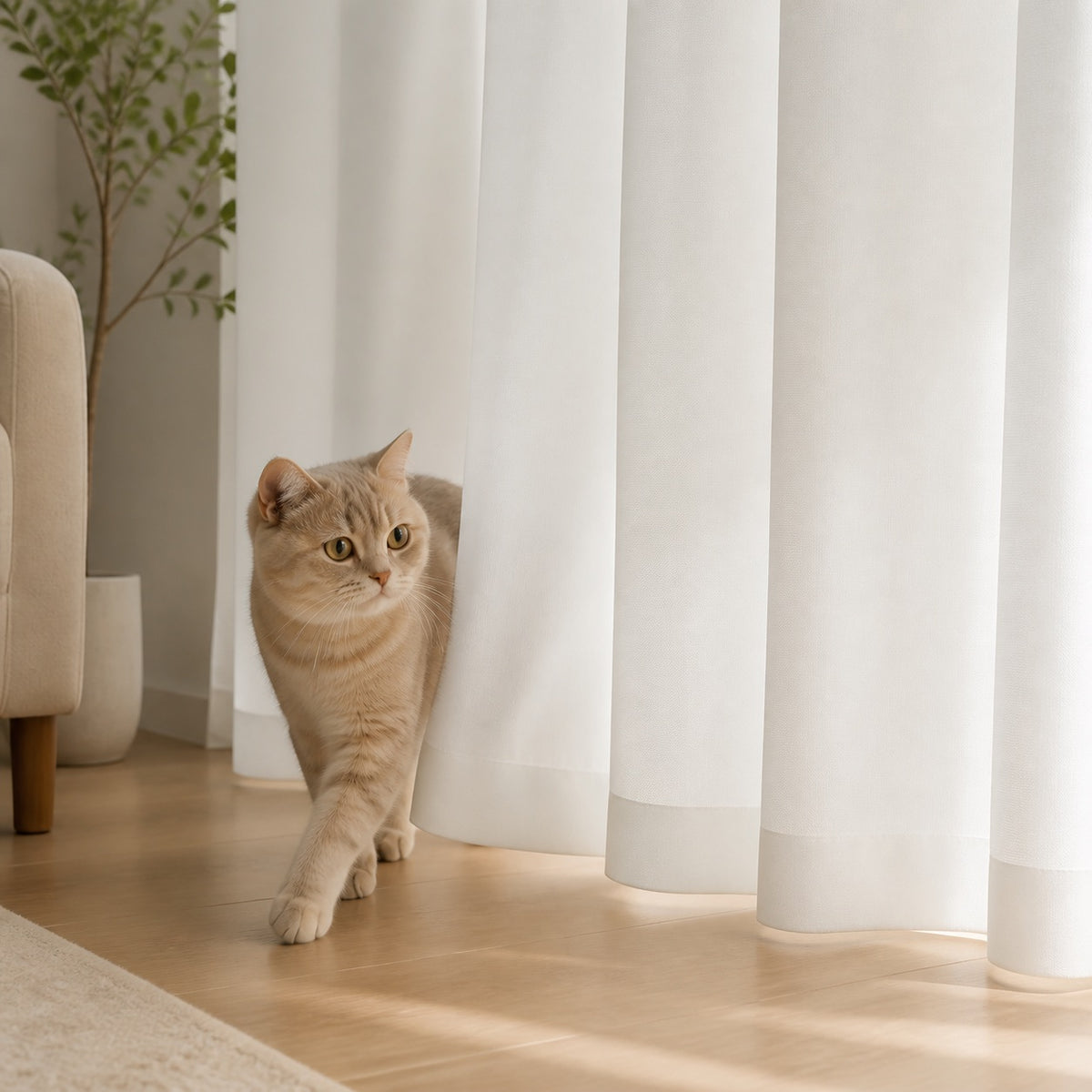 Light cream sheer privacy curtain panels on a gold rod, neatly pleated vertical panels