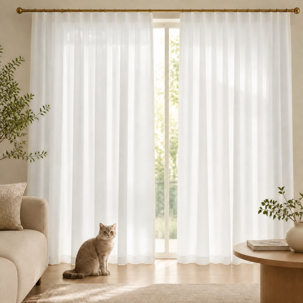 Light cream sheer privacy curtain panels on a gold rod, smooth vertical folds