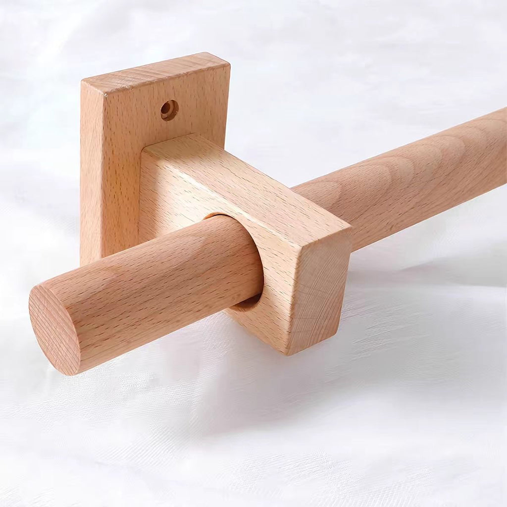 Beech-toned L-shaped end bracket with horizontal support bar for curtain rod