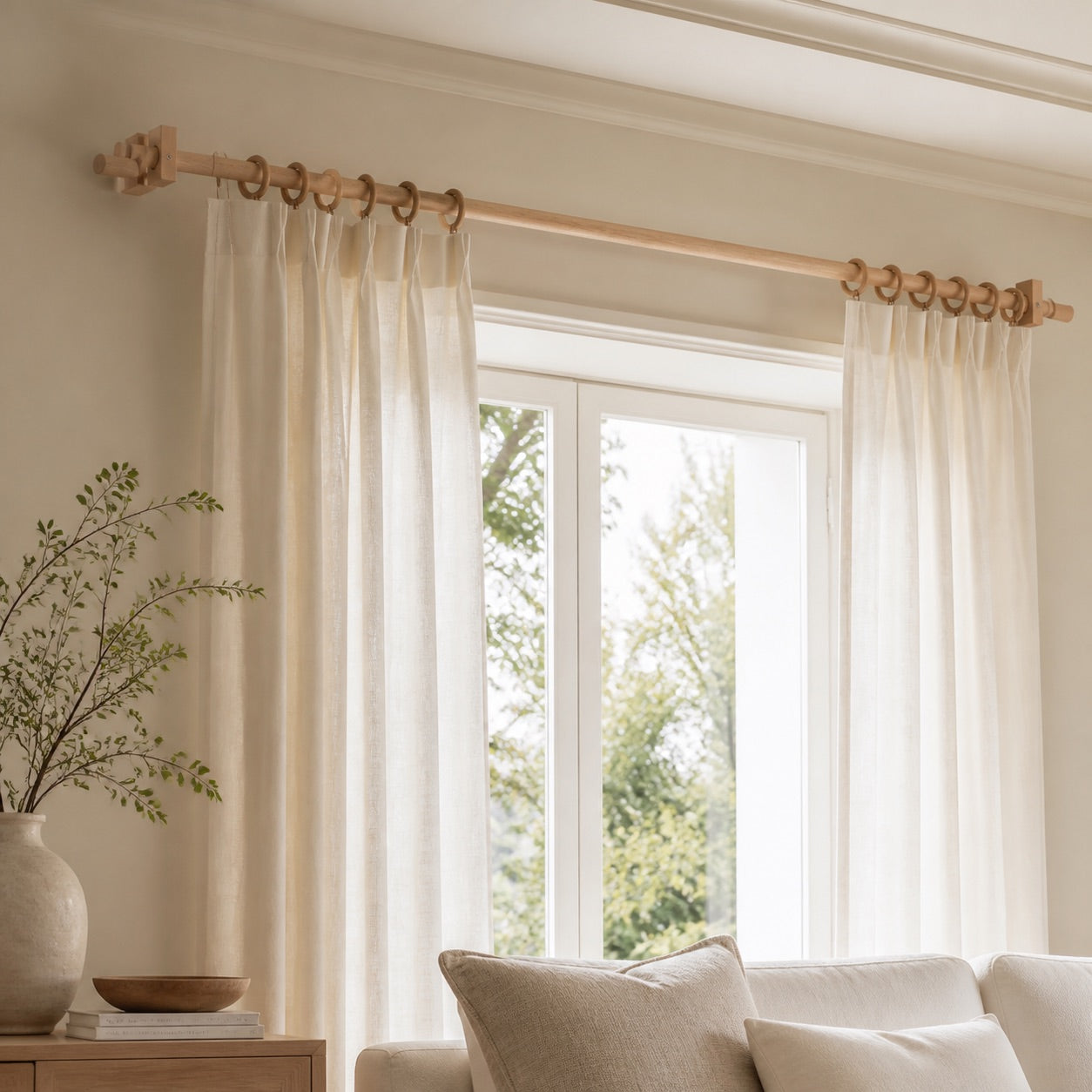 Light beech solid wood curtain rod with circular finials and wall-mounted bracket