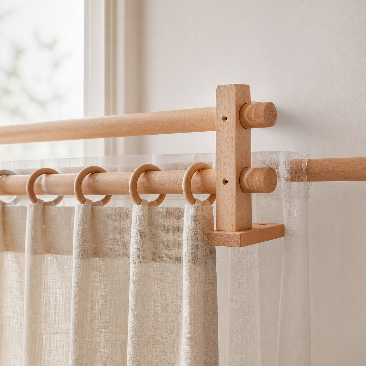 Light wood curtain rod bracket with circular hang rings and beech-toned rod