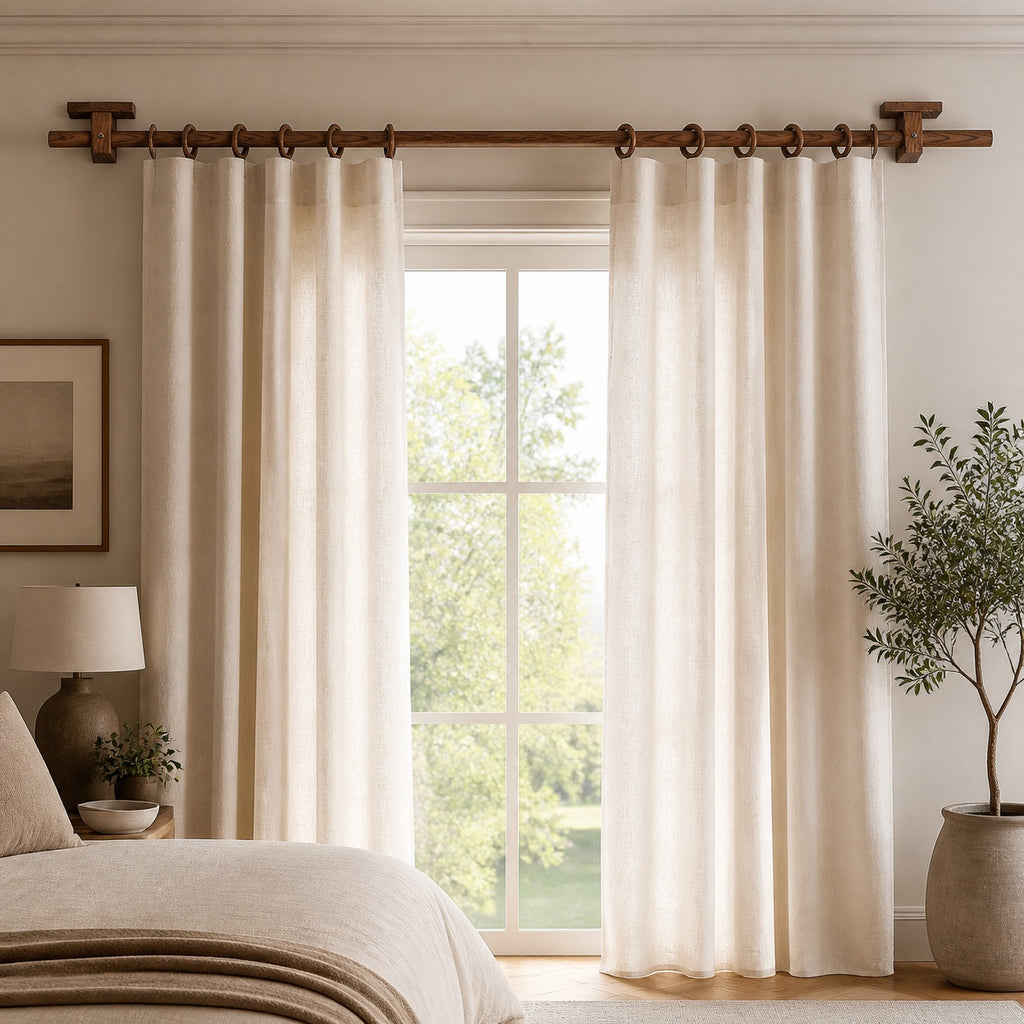 Walnut solid wood curtain rod with circular rings and wall-mounted end brackets