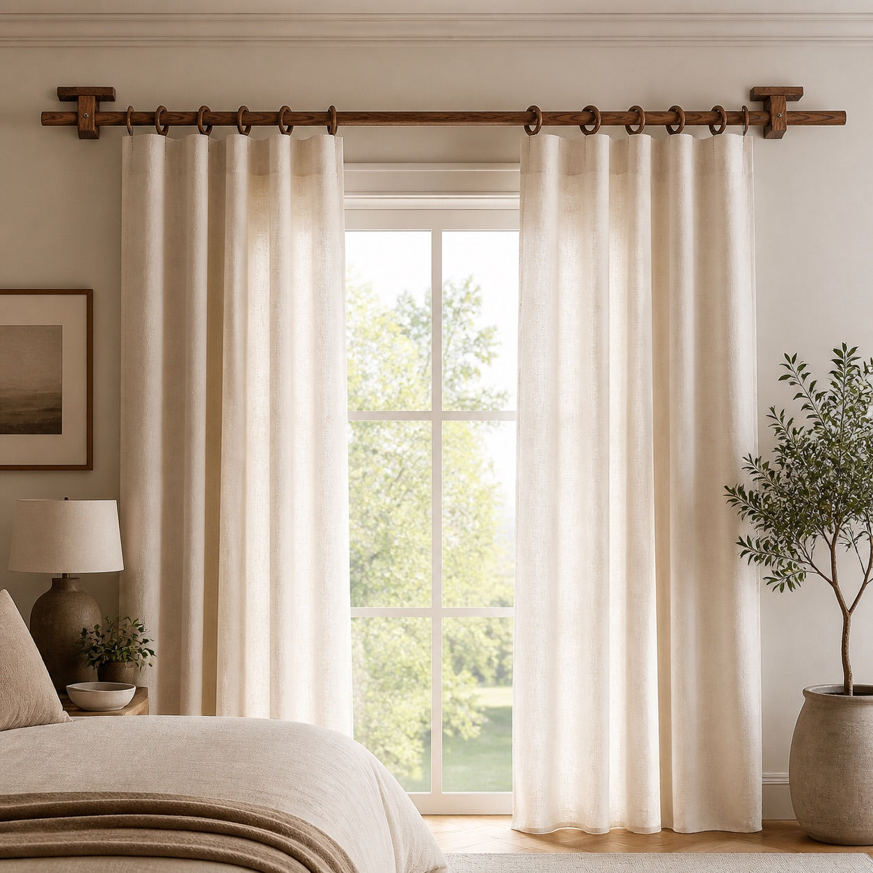 Walnut solid wood curtain rod with circular rings and wall-mounted end brackets